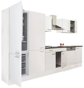 Yorki 340 konyhabútor fehér korpusz,selyemfényű fehér fronttal polcos szekrénnyel és alulfagyasztós hűtős szekrénnyel