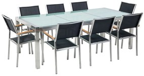 Nyolcszemélyes étkezőasztal repedezett üveglappal és fekete textilén székekkel GROSSETO Beliani