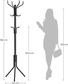 Fém álló fogas és ruhafogas 12 kampóval, fa gömbvégekkel, 182 cm, fekete