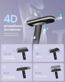 SONGMICS ergonomikus irodai szék állítható derék- és fejtámlával, max. 150 kg terhelhetőség, fekete