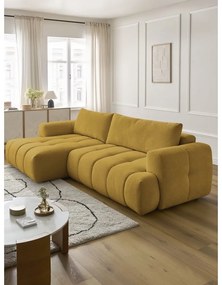 Mustársárga kinyitható-tárolóhelyes sarokkanapé (bal oldali-heverő résszel) Fuji – Bobochic Paris