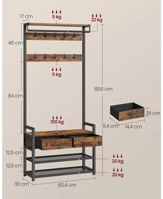 Előszobafal paddal és cipőtárolóval, 2 textilfiókkal, 10 akasztóval, rusztikus barna 30x80,4x181,6cm