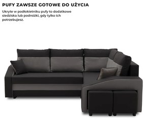 Grande sarokkanapé polcokkal és puffokkal , polc a bal karfaban puffok a jobb karfaban, jobboldali, szövet anyag, hab töltet, fekete - szürke