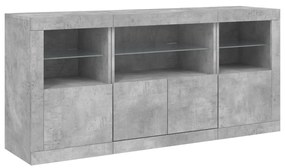 betonszürke tálalószekrény LED-világítással 142,5 x 37 x 67 cm