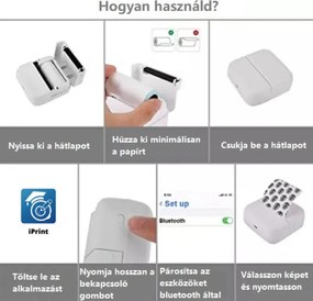 Hordozható akkumulátoros mini printer, intelligens nyomtató hőpapírral, bluetooth kapcsolattal TT-2004