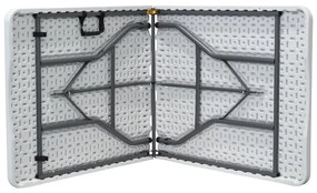 Összecsukható kempingasztal fehér színben 180x70, fogantyúval a könnyű hordozhatóság érdekében