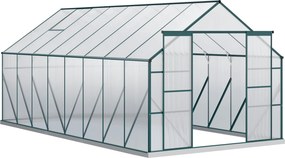 Outsunny Polikarbonát Kerti Üvegház 244x500x216cm, Nyitható Ablakkal és Tolható Ajtóval, Alumínium Váz, Zöld | Aosom