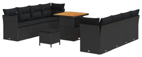 11 db-os Kert Kanapé Szett Párnákkal Fekete Poli Rattan Akác, 3 db-os Kert Étkező Szett Párnákkal Fekete Poli Rattan Akác