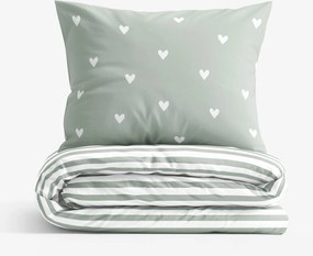 Goldea pamut ágyneműhuzat - szívecskék, zsálya színű csíkos hátoldal 140 x 200 és 70 x 90 cm