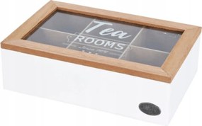 Hat rekeszes teadoboz, fehér, fa fedéllel