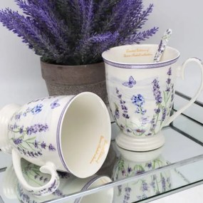 Levendulás porcelán bögre szett kanállal 300 ml - 2 darabos - szív díszdobozban