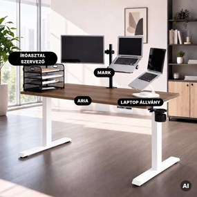 Elektromos, állítható magasságú, ergonomikus, fehér/dió íróasztal,1400x700 mm: ARIA