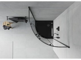 Mexen Rio, negyed kör alakú zuhanykabin tolóajtóval 90 x 90 cm, 5mm átlátszó üveg, fekete profil + fekete zuhanytálca, 863-090-090-70-00-4170B
