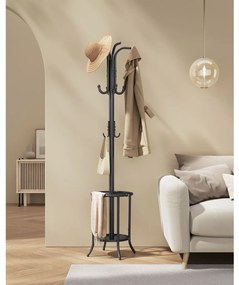 Álló fém ruhafogas, esernyőtartóval, 12 akasztóval, fekete 175 cm magas
