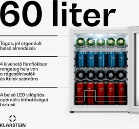Klarstein Beersafe italhűtő üvegajtóval | 64 x 48 cm | 60 liter | 85 W | Ezüst/Fehér