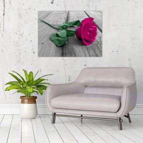Üveg kép - Rózsaszín rózsa zöld szárral (70x50 cm)