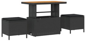 9 darabos kerti sofa szett párnákkal fekete poli rattan akác, 3 darabos kerti étkező szett párnákkal fekete poli rattan akác