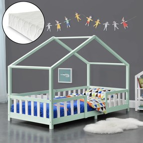 [en.casa] Házikó gyerekágy Treviolo leesésgátlóval matraccal 90x200 cm mentazöld/fehér