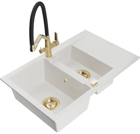 Mexen Gaspar gránit mosogatótálca 1,5 rekeszes csepegtetővel és Duo konyhai csapteleppel, fehér - 6507-20-671701-57-G