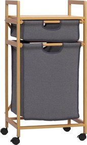 HOMCOM Bambusz Mosó Kosár, 2 Kivehető Textil Zsákkal, Nyitott Polccal, 2 Oldalsó Fogantyúval és 4 Kerekével, 42x35x85 cm - Szürke | Aosom