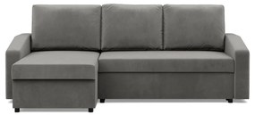 Zeus sarokkanapé, 2 ágyneműtartóval, döntött kartámasz, bársony, univerzális oldal, bonell töltet, világosszürke