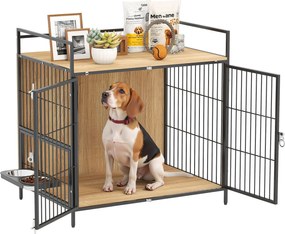 PawHut Modern Oldaltábla Kutya Ketrec Forgatható Etető Állomással 2 Tál 2 Ajtóval és Felső Tároló Polccal Közepes Kutyák Számára 80x56x76,5 cm Tölgy |