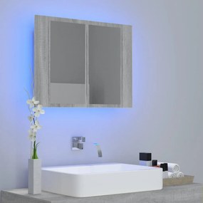 szürke sonoma színű szerelt fa tükörszekrény LED-del 60x12x45cm