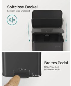Konyhai szemetes 40L, nagy pedálos kuka fedéllel, 15 szemeteszsák mellékelve, fekete