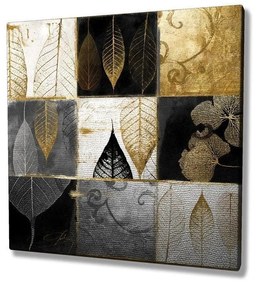 Vászon falikép, leveles montázs, 45x45 cm, arany-fekete - FEUILLES