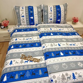 Pamut lepedők Karácsonyi kék Christmas lepedők TiaHome - 1x Párna 90x70cm, 1x Paplan 140x200cm