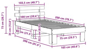 ágykeret fejtámlával Fehér 100x200 cm Tömör fa fenyő