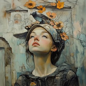 Canvas Vászonkép Portré Nő Lány Virág Madarak Retro 40x40