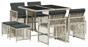 9részes világosszürke polyrattan kerti étkezőgarnitúra párnával