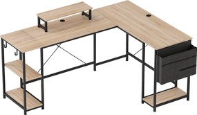 HOMCOM Fordítható Moduláris Sarokasztal, Ipari Stílus 168-240 cm - Állítható Polc, Tárolótáska, Képernyőállvány, Számítógép Íróasztal 2 Személy Részér