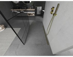 Mexen Kioto, átmenő zuhanyparaván 110 x 200 cm, 8mm átlátszó üveg / fekete mintás, 2x arany stabilizáló távtartó, 800-110-002-50-78