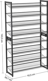 Cipőtartó polc 2x4 szintes fém háló polcokkal, fekete 92x30x163cm
