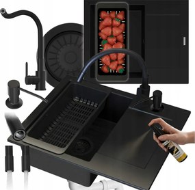 Gránit mosogató fekete egymedencés Mosogató Szett Bello csaptelep szifon