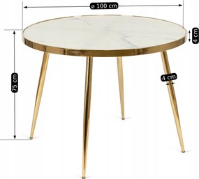 Stół TINGA 100 cm Szklany Biały Marmur/Złoty
