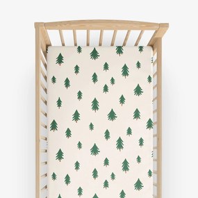 Goldea karácsonyi gyermek körgumis pamut lepedő kiságyba - karácsonyfák bézs alapon 60 x 120 cm