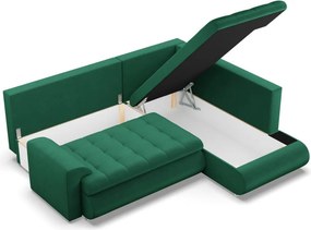 Tokio sarokkanapé, L alakú háttámlával, 2 ágyneműtartóval, bársony, jobboldali, zöld