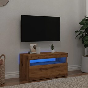 kézműves tölgy szerelt fa TV-szekrény LED-ekkel 75x35x40 cm