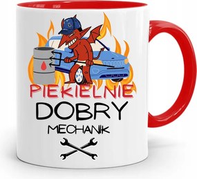 Piros Mechanika Bögre Pokolian Jó Mechanikus, fényképes nyomattal