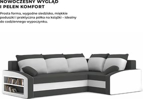 Grande sarokkanapé polcokkal , polc a bal karfaban, jobboldali, szövet anyag, bonell töltet, szürke - fehér