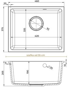 Mosogató minőségi Crypton 55, konyhai gránit mosogató 460x375x205 mm + arany szifon, fehér, SKQ-CRY.W.1KBO.55.XG