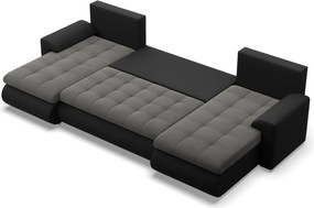 Tokio U alakú sarokkanapé, 3 ágyneműtartóval, bársony + műbőr, univerzális oldal, szürke - fekete