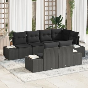 7 Darabos Kert Sofa Készlet Párnákkal Fekete Polirattan