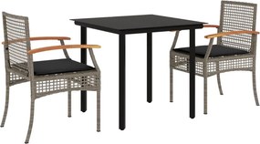 vidaXL 3 részes szürke polyrattan kerti étkezőgarnitúra párnával