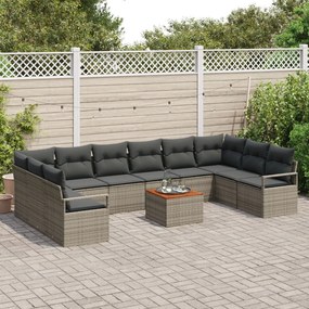 11 darabos kerti kanapé szett párnákkal szürke polyrattan akácia, 2-fős kerti kanapé tárolóval és párnákkal szürke polyrattan