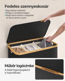 Fedeles, 3 rekeszes mosókosár, 150L, levehető bélés, összecsukható, fekete