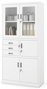 Fém iratszekrény széffel, vitrinnel és fiókokkal FILIP, 900 x 1850 x 400 mm, fehér